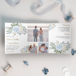 Convite Com Dobra Tripla Casamento Floral em Azul Poeirento Rústico e Marfi