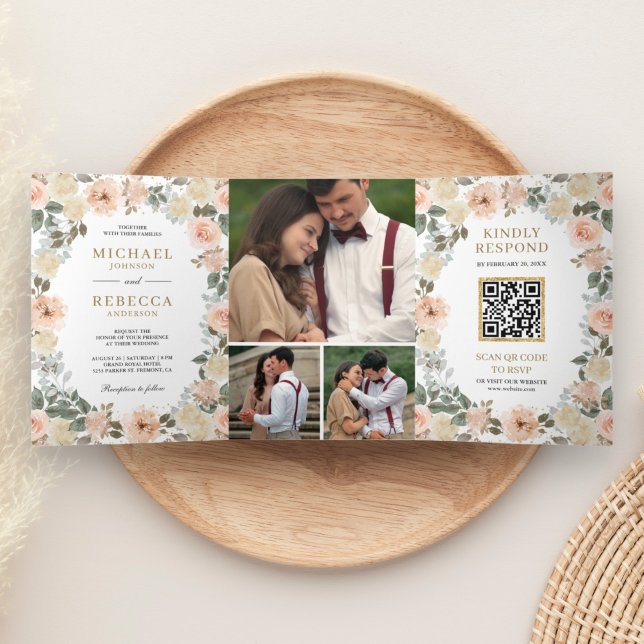 Convite Com Dobra Tripla Casamento Floral em Tons Rústicos de Pêssego Empoe (Criador carregado)