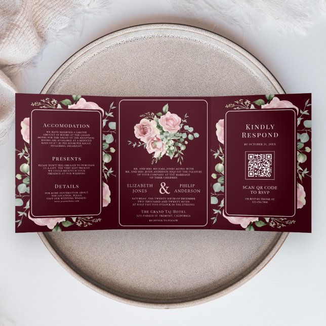 Convite Com Dobra Tripla Casamento Floral Eucalipto Rosa Bege Borgonha (Criador carregado)