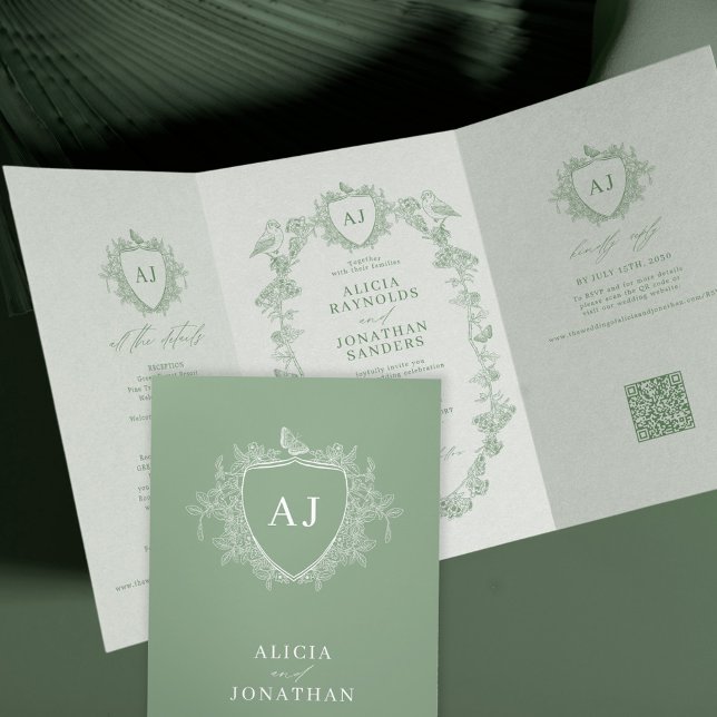 Convite Com Dobra Tripla Casamento floral francês em verde sálvia clássico  (Criador carregado)