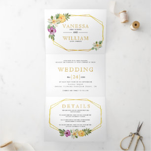 Convite Com Dobra Tripla Casamento floral geométrico Dourado de polígonos a