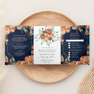 Convite Com Dobra Tripla Casamento Floral Laranja Queimada Terrosa Azul Nav