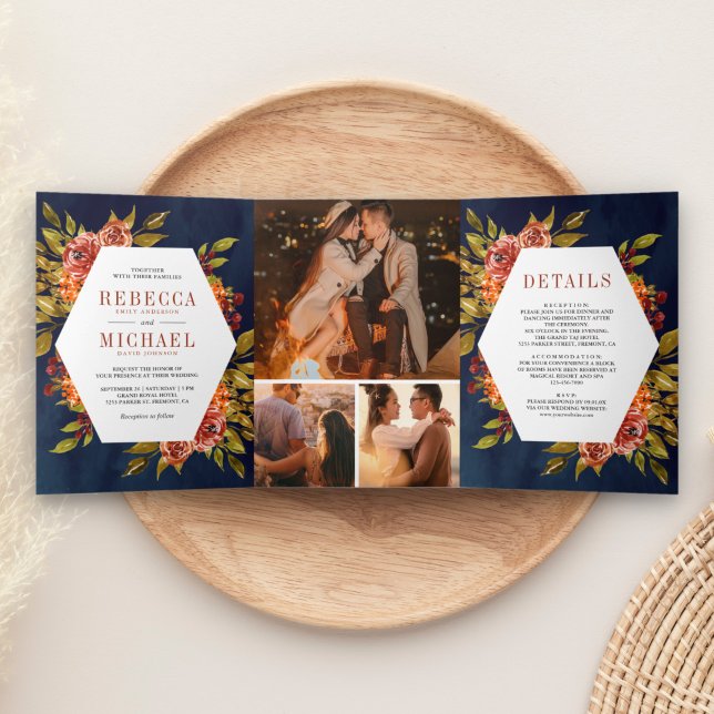 Convite Com Dobra Tripla Casamento Floral Laranja Queimado Rústico Foto Azu (Criador carregado)
