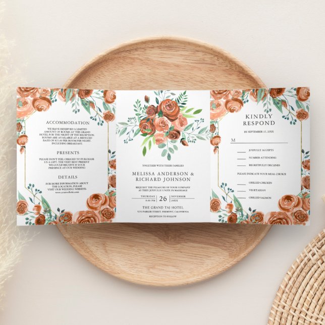 Convite Com Dobra Tripla Casamento Floral Laranja Queimado Terroso Moderno  (Criador carregado)