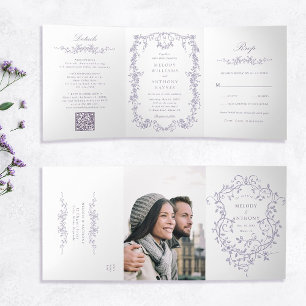 Convite Com Dobra Tripla Casamento Floral Lavanda Clássico Francês Vitorian