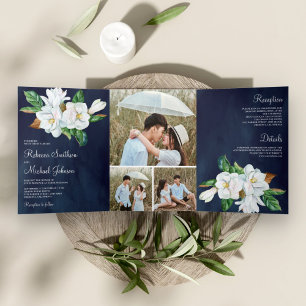 Convite Com Dobra Tripla Casamento Floral Magnólia Branca Rústica Azul Mari