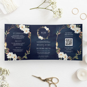 Convite Com Dobra Tripla Casamento Floral Magnólia Branco Rústico Código QR