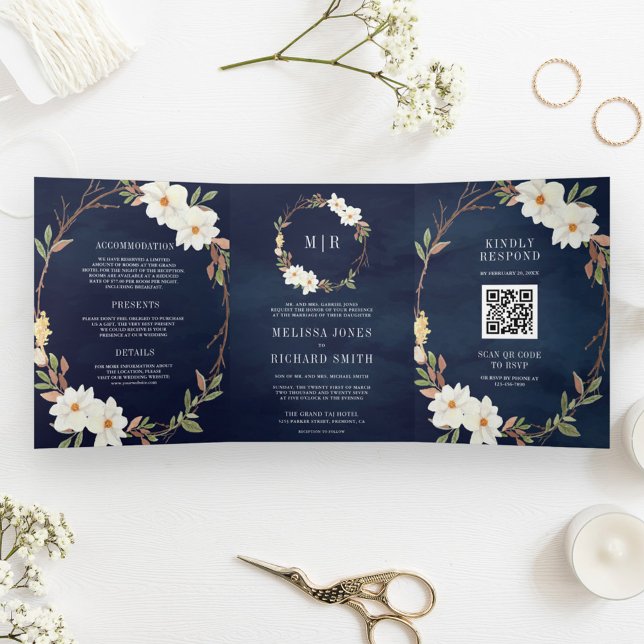 Convite Com Dobra Tripla Casamento Floral Magnólia Branco Rústico Código QR (Criador carregado)