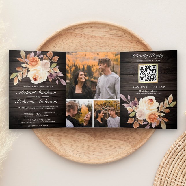 Convite Com Dobra Tripla Casamento Floral Marfim Rústico em Madeira Código  (Criador carregado)