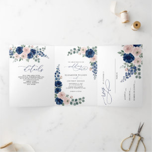 Convite Com Dobra Tripla Casamento Floral Moderno Azul Marinho e Bege