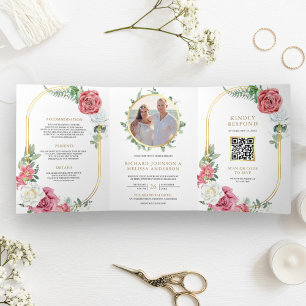 Convite Com Dobra Tripla Casamento Floral QR Code Rosas Cor-de-Rosa Rústico