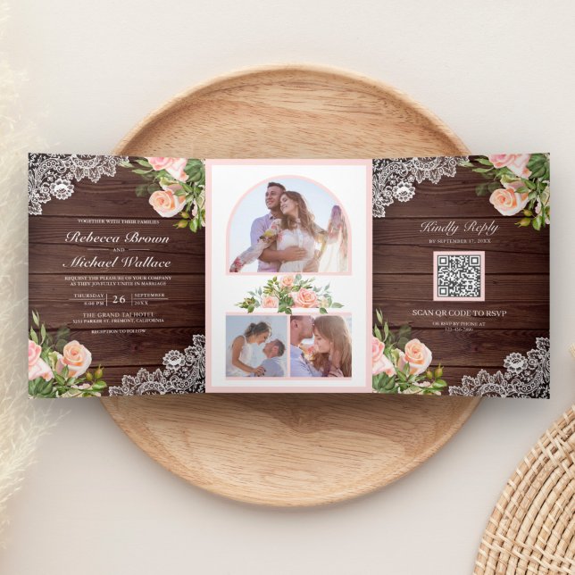 Convite Com Dobra Tripla Casamento Floral Rosa Bege Código QR de Madeira Rú (Criador carregado)