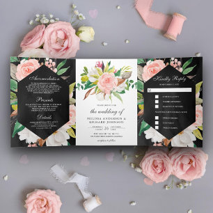 Convite Com Dobra Tripla Casamento Floral Rosa Bege Magnólia Branca Preto