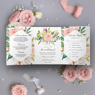 Convite Com Dobra Tripla Casamento Floral Rosa Bege Magnólia Branca Rústica