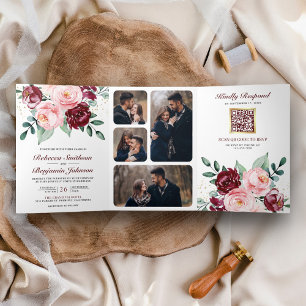 Convite Com Dobra Tripla Casamento Floral Rosa Bege Rústico Código QR Borgo