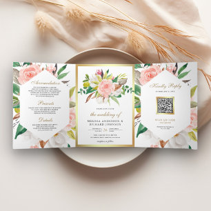 Convite Com Dobra Tripla Casamento Floral Rosa Bege Rústico Código QR Doura