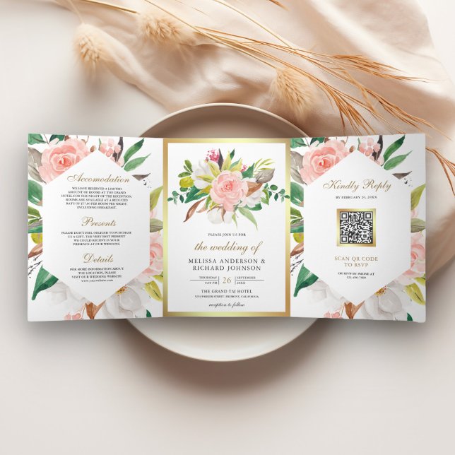Convite Com Dobra Tripla Casamento Floral Rosa Bege Rústico Código QR Doura (Criador carregado)