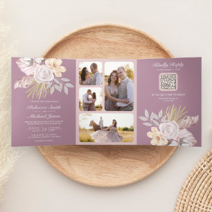 Convite Com Dobra Tripla Casamento Floral Rosa Mauve empoeirado Rústico Cód