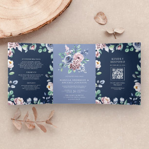 Convite Com Dobra Tripla Casamento Floral Rosa Periwinkle Empoeirado Código
