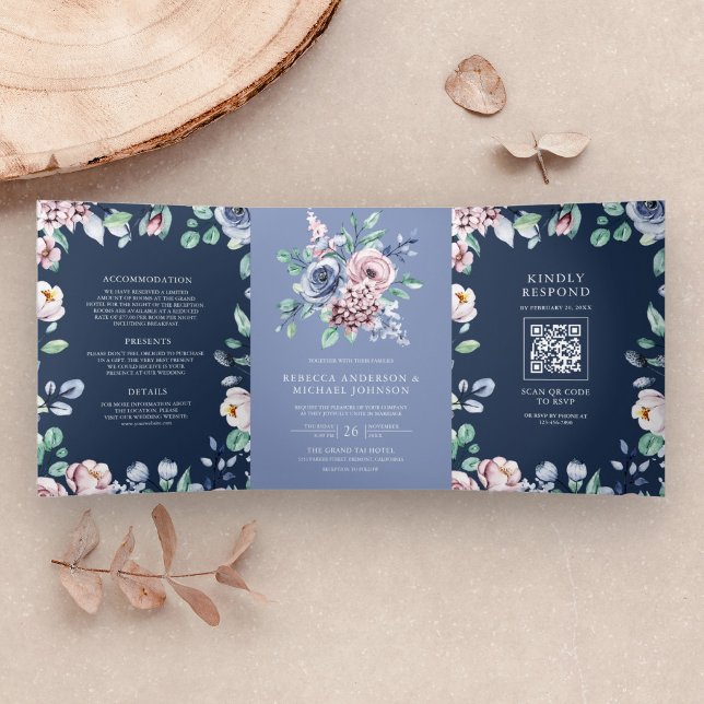 Convite Com Dobra Tripla Casamento Floral Rosa Periwinkle Empoeirado Código (Criador carregado)