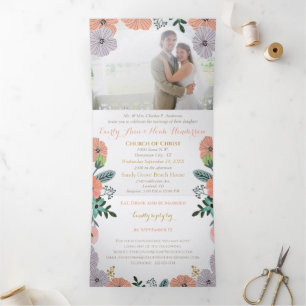 Convite Com Dobra Tripla Casamento Floral Rosa Pêssego Lavanda Verde