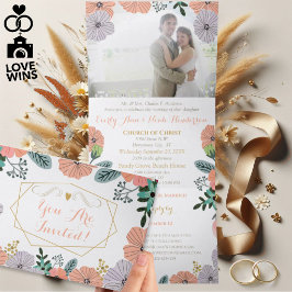 Convite Com Dobra Tripla Casamento Floral Rosa Pêssego Lavanda Verde