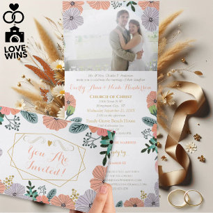 Convite Com Dobra Tripla Casamento Floral Rosa Pêssego Lavanda Verde