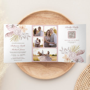 Convite Com Dobra Tripla Casamento Floral Rosa Poeira Rústico Código QR