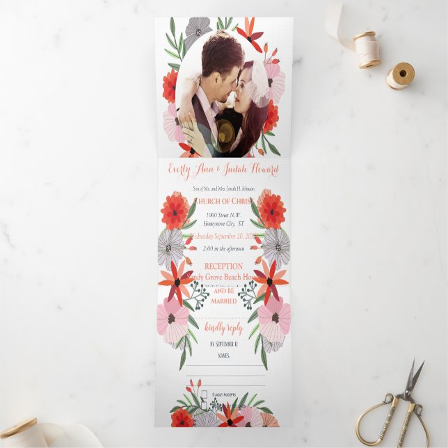 Convite Com Dobra Tripla Casamento Floral Rosa Rosa Rosa Rosa, Tudo Em Uma  (Dentro)