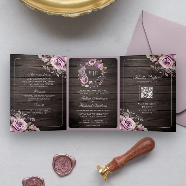Convite Com Dobra Tripla Casamento Floral Roxo Empoeirado Madeira Rústica C (Criador carregado)