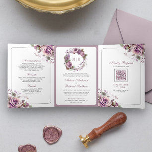 Convite Com Dobra Tripla Casamento Floral Roxo Empoeirado Rústico Código QR