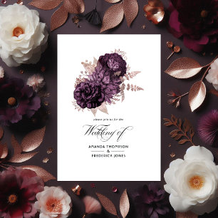 Convite Com Dobra Tripla Casamento Floral Roxo Escuro e Dourado Rosa