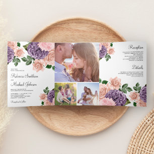 Convite Com Dobra Tripla Casamento Floral Roxo Pêssego Empoeirado Rústico
