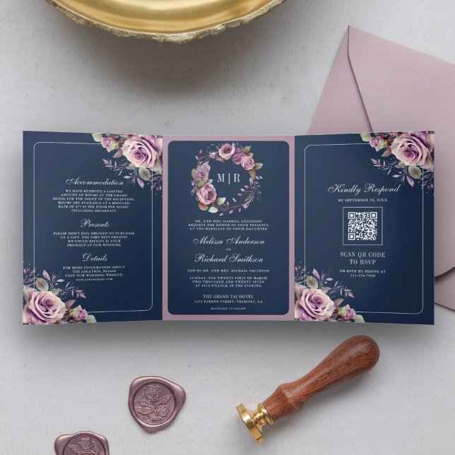 Convite Com Dobra Tripla Casamento Floral Roxo Pó Rustico Código QR Naval (Criador carregado)