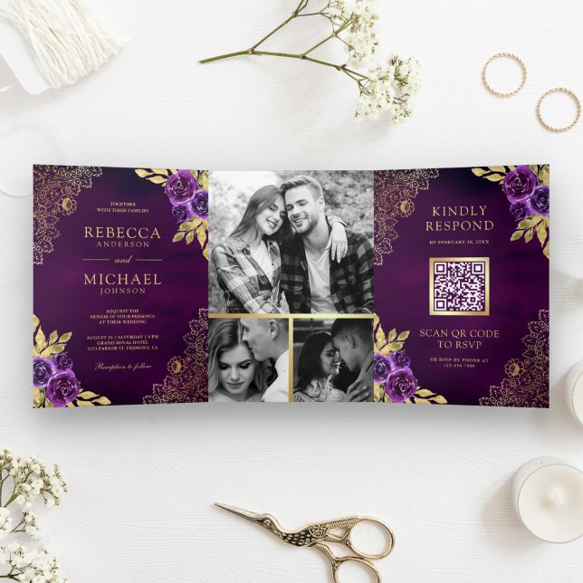 Convite Com Dobra Tripla Casamento Floral Roxo Real com Código QR de Renda  (Criador carregado)