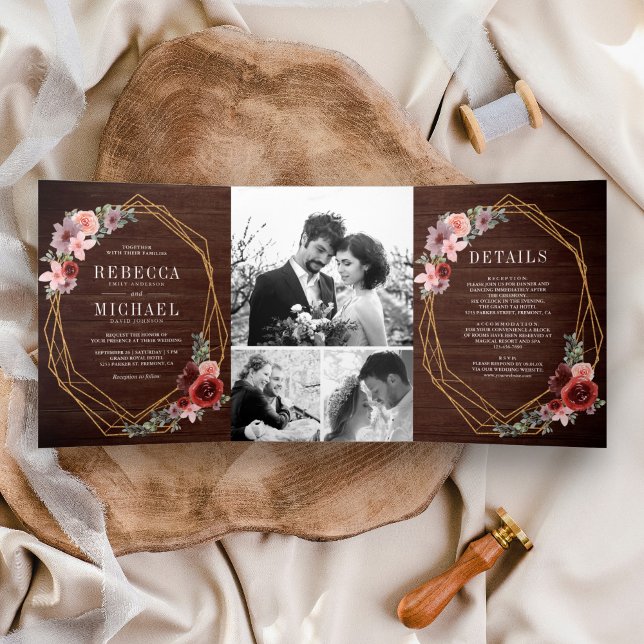 Convite Com Dobra Tripla Casamento Floral Rustic Wood Blush Pink Burgundy (Criador carregado)