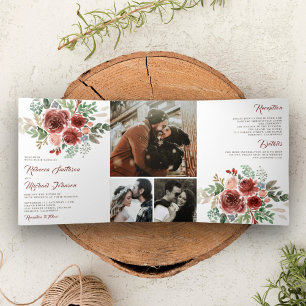 Convite Com Dobra Tripla Casamento Floral Rústico Country ao Estilo Marsala
