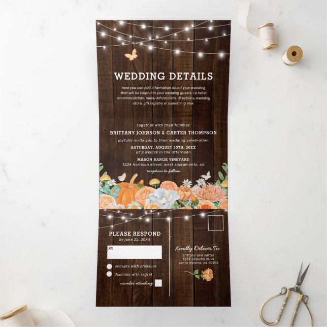 Convite Com Dobra Tripla Casamento Floral Rústico de Outono 3 em 1 (Dentro)