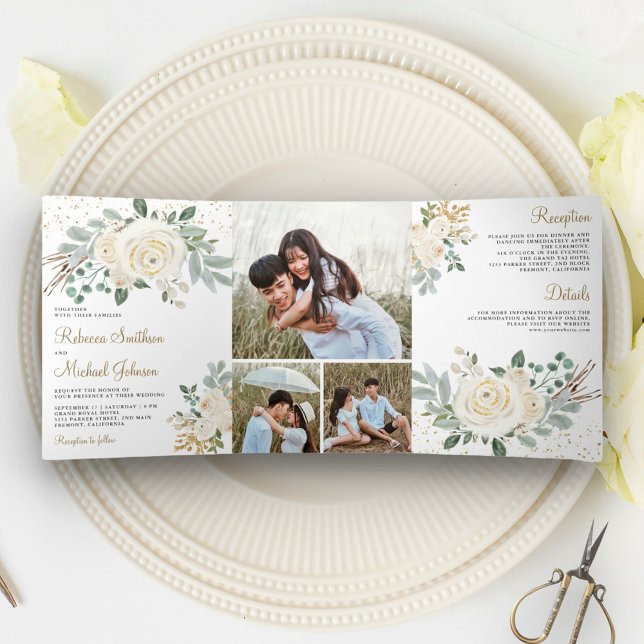 Convite Com Dobra Tripla Casamento Floral Rústico Verde Dourado Marfim (Criador carregado)