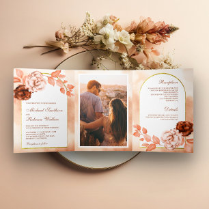 Convite Com Dobra Tripla Casamento Floral Terracota Aquarela Rústica Terros
