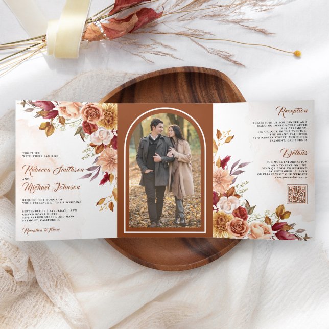Convite Com Dobra Tripla Casamento Floral Terracota Burgundy Rústico Código (Criador carregado)
