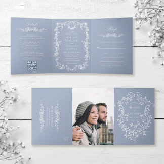 Convite Com Dobra Tripla Casamento Floral Vitoriano Francês Clássico Azul E