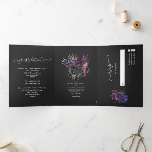 Convite Com Dobra Tripla Casamento Floral Xadrez Roxo, Dourado e Preto