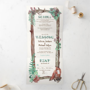 Convite Com Dobra Tripla Casamento Floresta Aquarela Rústica Tri-Dobrável