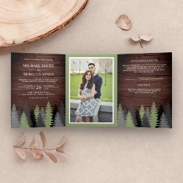 Convite Com Dobra Tripla Casamento Floresta Foto Árvores Pinheiro Madeira C