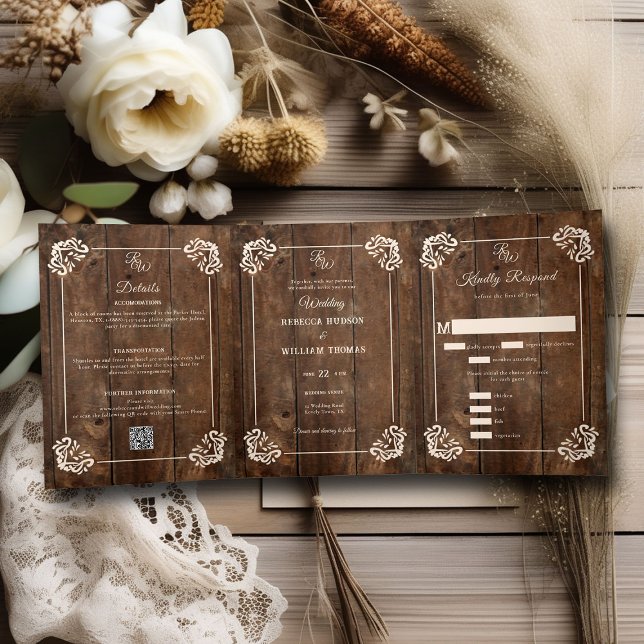Convite Com Dobra Tripla Casamento Formal de Madeira Russa Ocidental (country western rustic wood board wedding invitation all in one formal elegant modern cowgirl ranch )