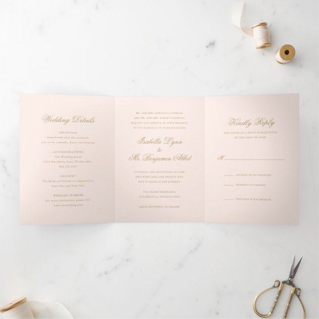 Convite Com Dobra Tripla Casamento Formal Elegante Rosa Tradicional (Dentro)