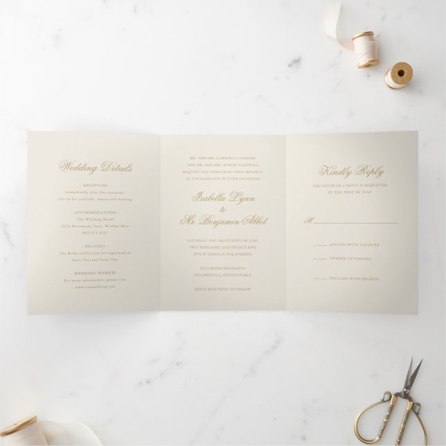 Convite Com Dobra Tripla Casamento Formal Tradicional em Marfim Elegante (Dentro)