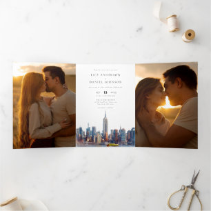 Convite Com Dobra Tripla Casamento Foto Código QR 3 Paisagem Urbana de Nova