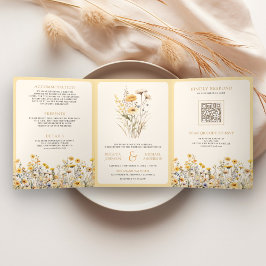 Convite Com Dobra Tripla Casamento Foto Código QR Flor Silvestre Boho Amare